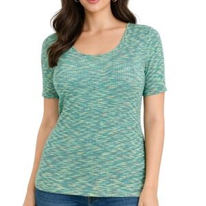 Anthropologie Green Marled Space Dye Ribbed Knit Scoop Neck Short Sleeve Top M